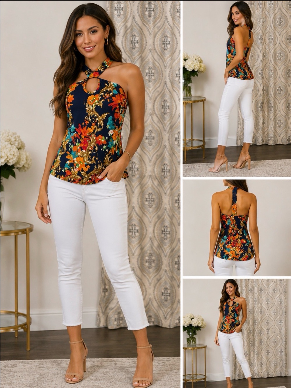 J Lee Floral Halter Keyhole Top Size Small Navy Open Back